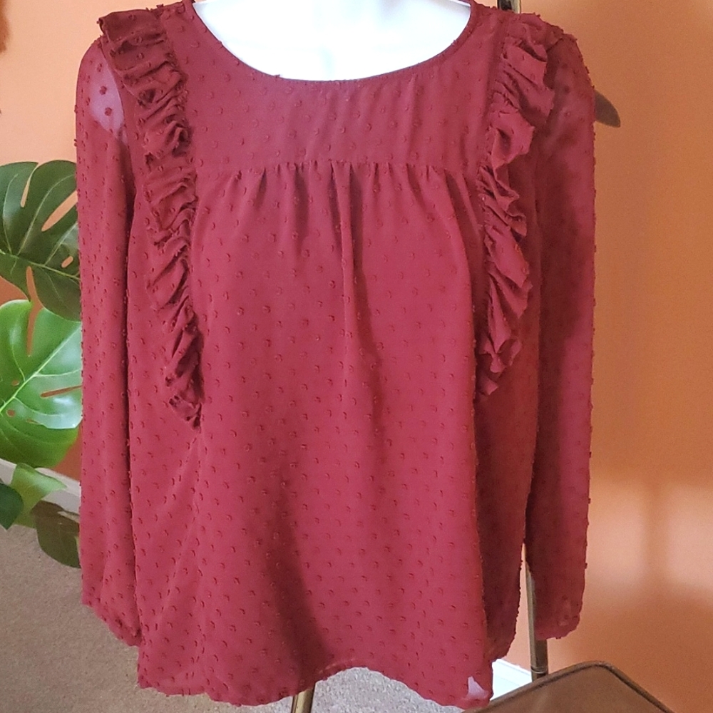 J. Crew Red Burgundy Shirt with Sheer Sleeves size 6